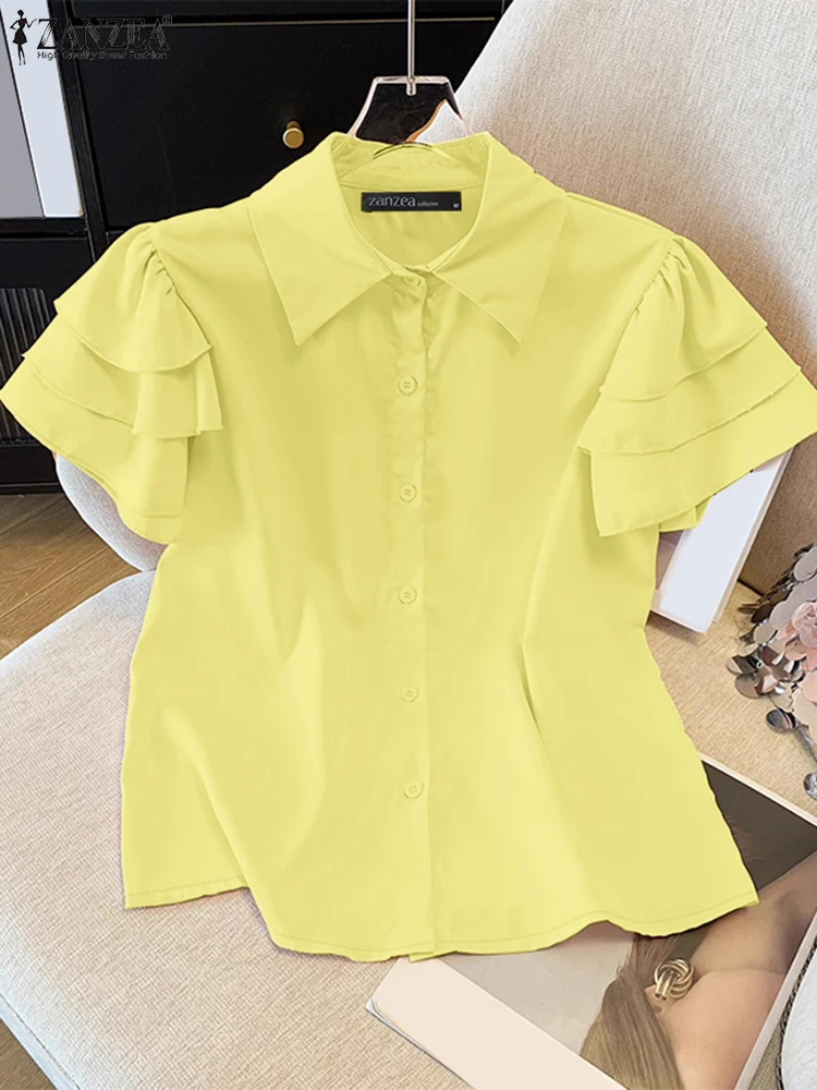 ZANZEA Camicie Casual da Donna Elegante Chic Maniche con Volant a Strati Bottoni con Colletto Camicie Femme Moda Estiva Tinta Unita Top