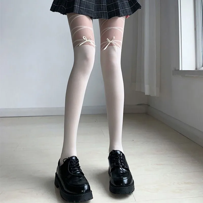 

Lolita Bow and Straps Tights Woman Patchwork Black White Medias Socks Transparent Thin Y2K Pantyhose Party Club Stockings.