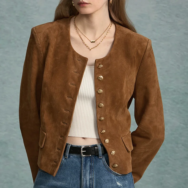 

2023 Genuine Leather Fashion Bomber Jacket Real Suede Leather Coat Lady Blazer Jackets TF5523