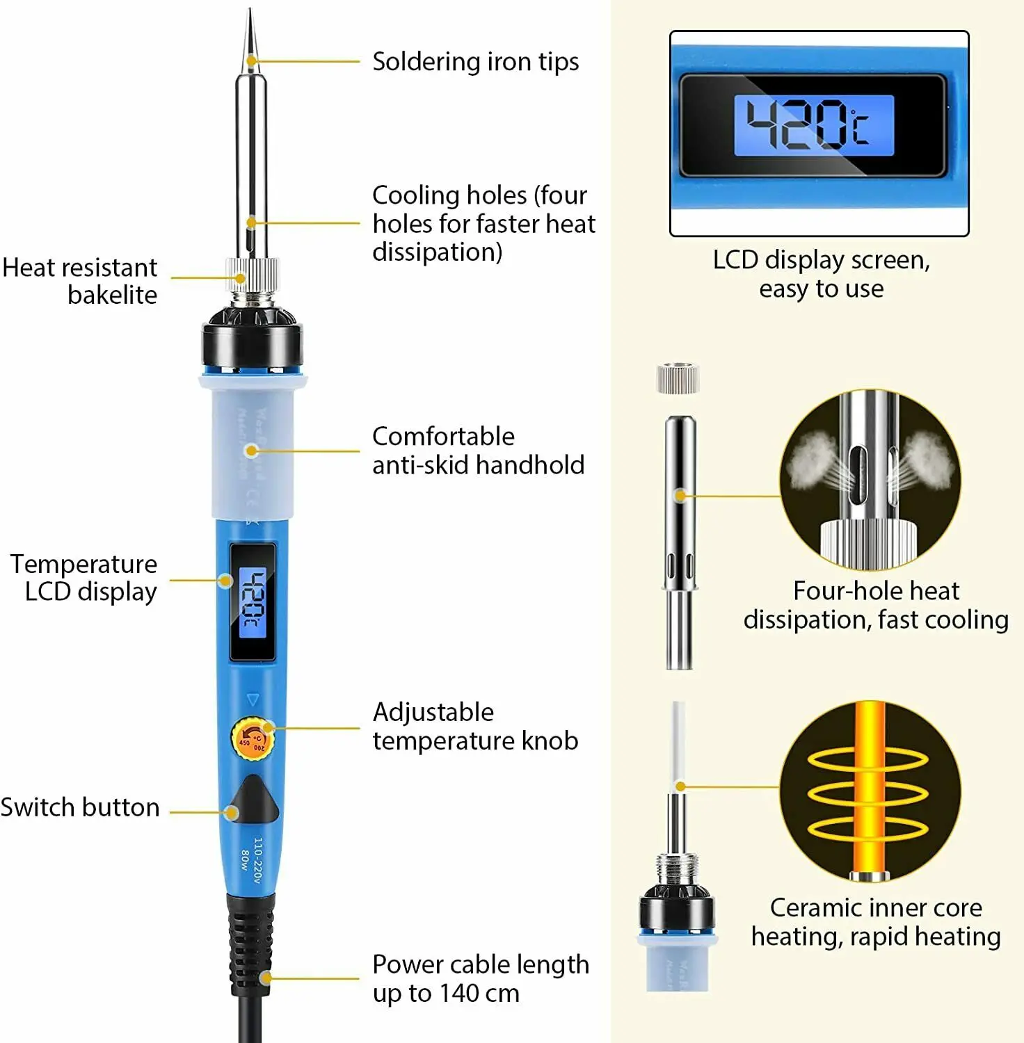 Kit de soldadura de hierro de 80W, herramienta de soldadura ajustable con temperatura, estación de interruptor de encendido y apagado, soporte de