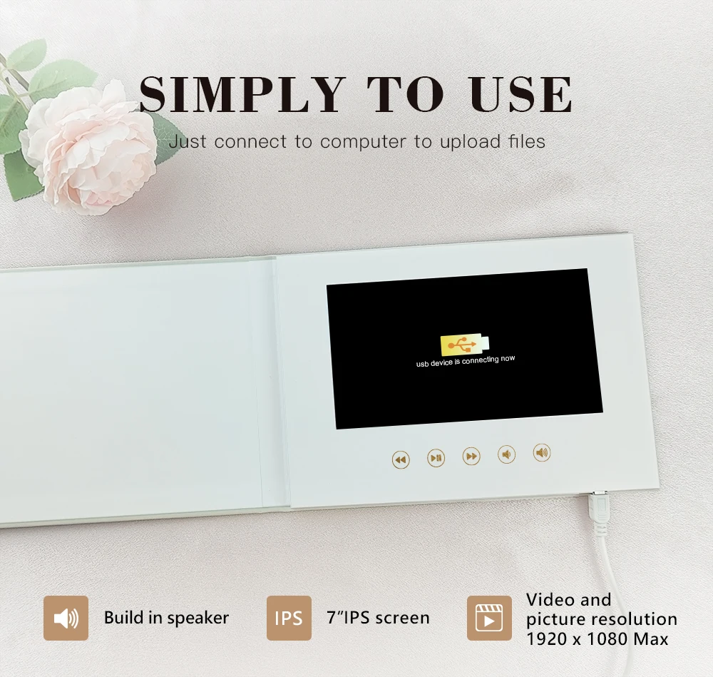 Luxury Linen Bound Video Book Wedding Video Album Up to 3 hours of video, 7” IPS Display, 4GB of memory and Rechargeable Battery
