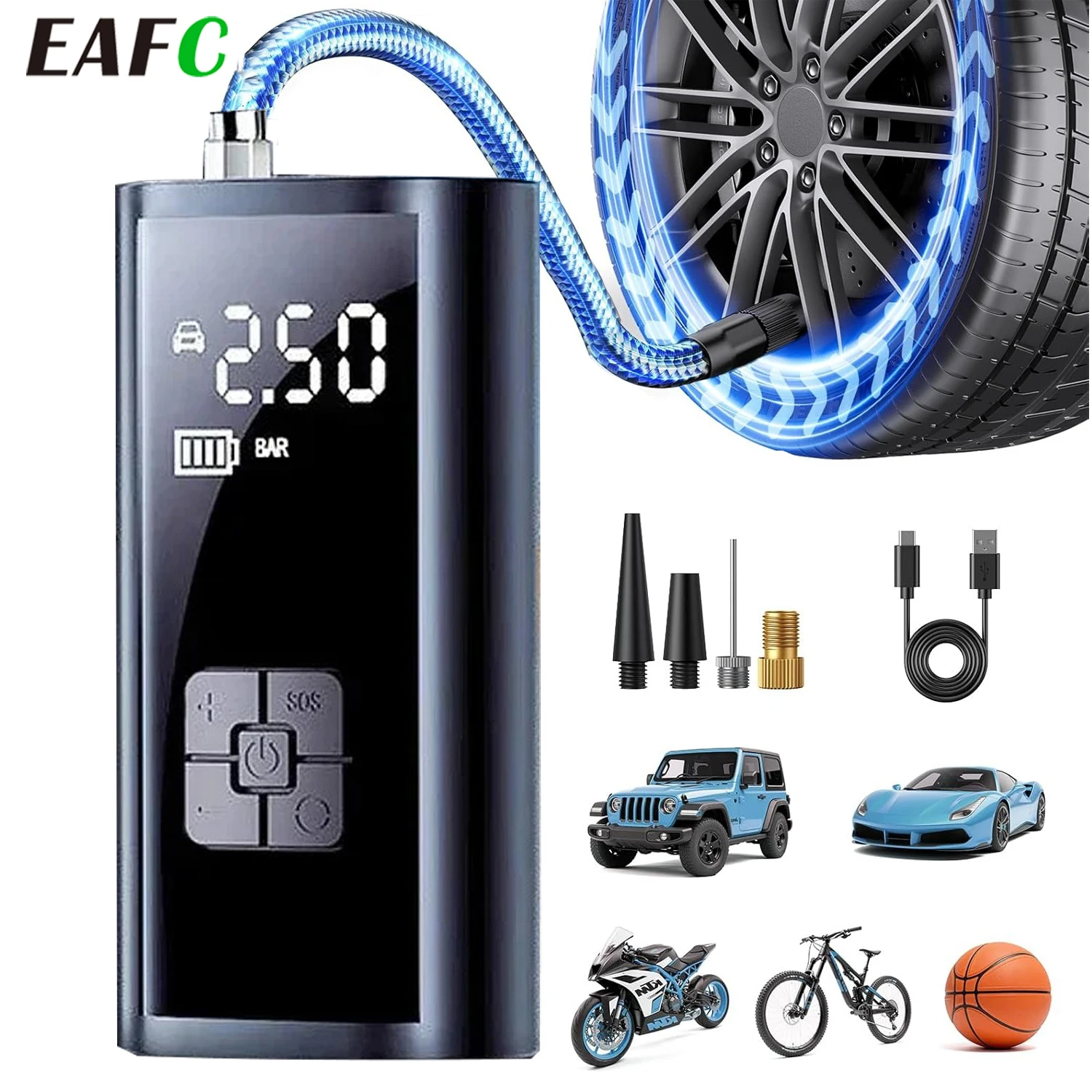 EAFC pompe à Air de voiture sans fil 150PSI compresseur d'air de voiture éclairage LED pompe de gonflage de pneu pour moto vélo voiture balles de pneu