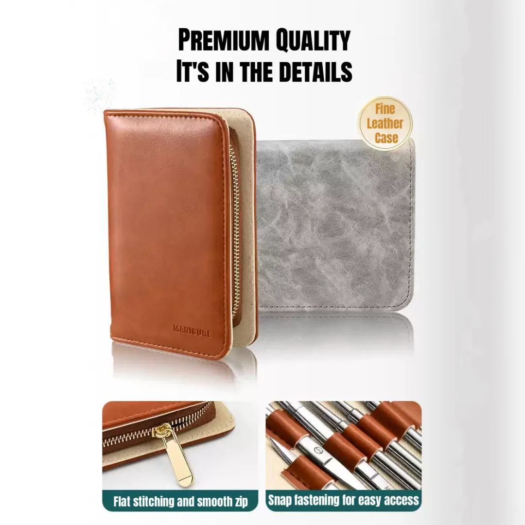 CMGF 12 ชิ้นชุดดูแลส่วนบุคคลพร้อมกระเป๋าหนัง, กรรไกรตัดเล็บ, กรรไกรตัดเล็บเฉียง, ก้ามหนังกําพร้า, Pusher ผิวที่ตายแล้ว