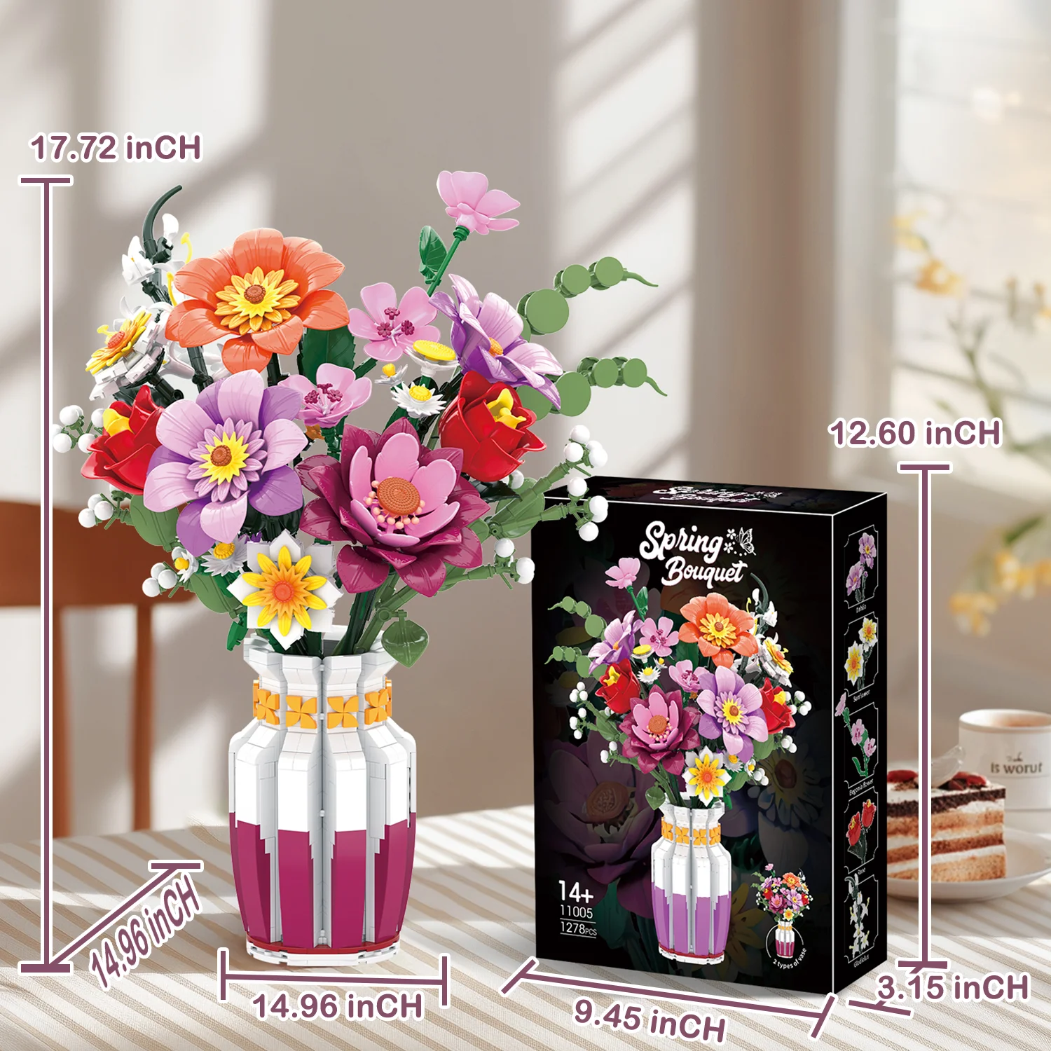 1278 Elementów Klocków Wiosenny Bukiet Kwiatów z Wazą Model Cegiełki Dekoracja na Biurko Zabawki DIY dla Dzieci Prezenty Świąteczne