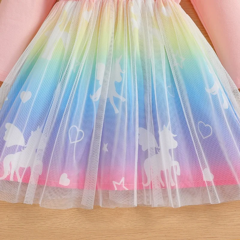 Dress For Kids 2-7 Years old Cute Cartoon Unicorn Ruffled Colorful Tulle Sleeve Princess Dresses Ootd For Baby Girl