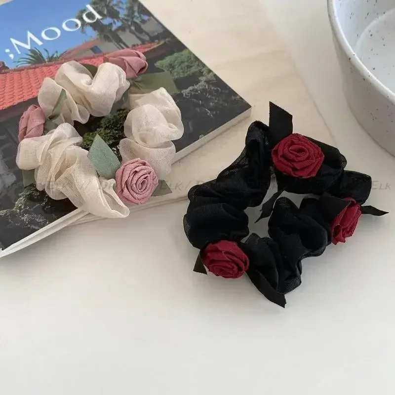Koreańska moda letni kwiat róży jelito duże gumka do włosów opaska na głowę kobiety siatkowe elastyczne opaski do włosów Scrunchie akcesoria do włosów
