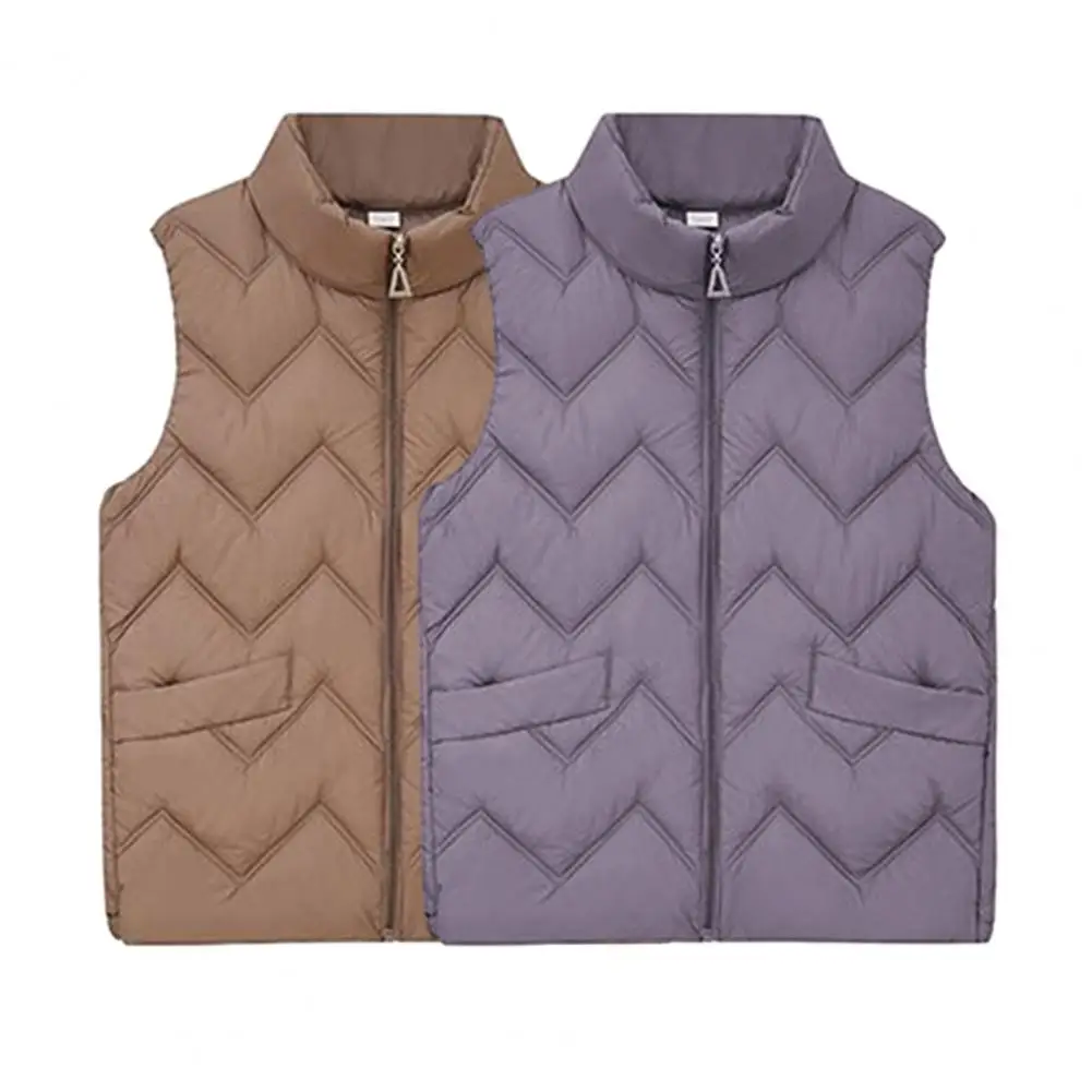 2026 Women Fluffy Down Cotton Vest Jacket Solid Loose Casual Quilted Stand Collar Lightweight Zipper Closure Pockets Versatile O