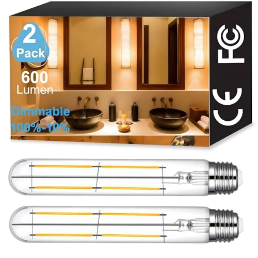 7.3 Inch E26 T10 Tube Bulb Dimmable, 2 Pack T10 Tubular Bulb LED 6W Equal. 60W Warm White 2700k, Clear Glass T10/T30 LED Edison