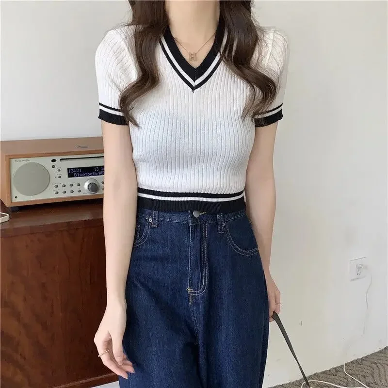 Summer Women Short Slim Fit Color Block V-Neck Short Sleeve Knitted T-Shirt Stylish Trendy White Black Pink Blue Purple