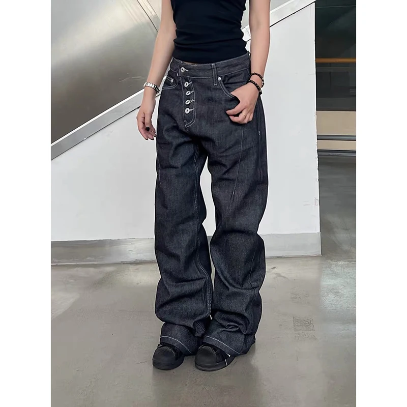 YIBASHU Summer Women Baggy Jeans Wide Fit Black Denim Pants Y2K Japanese Harajuku 2000s High Street Goblin Core American Retro