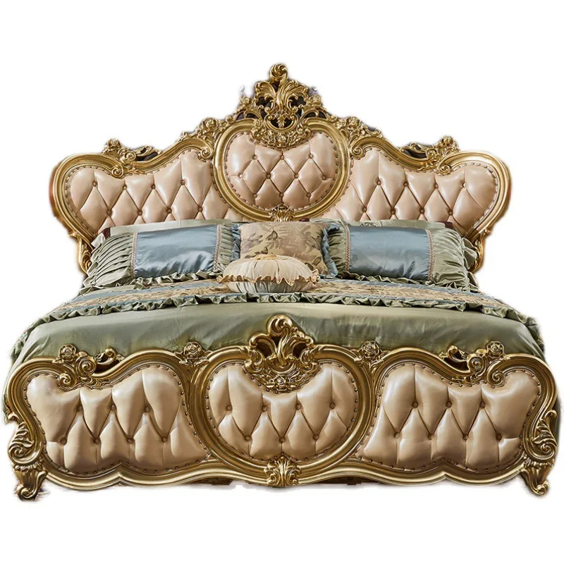 European Solid Wood Double Bed Luxury Oak Princess Wedding Bed Oak Queen  High-end Leather Carved Bedroom Furniture