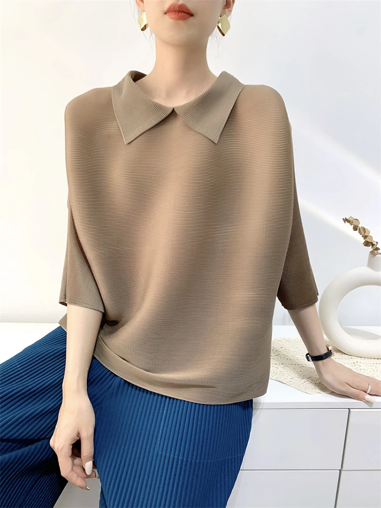 GVUW Pleated Lapel T Shirt Women Batwing Sleeve Solid Color Versatile New 2025 Casual Simplicity Summer Female Tops 17G6831