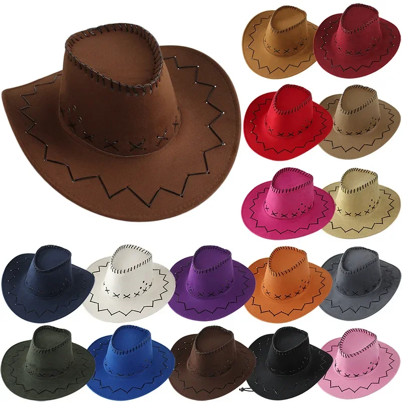 Unisex Western Cowboy Hat Flannel Large Brim Sun Protection Hat Couple Outdoor Travel Hat