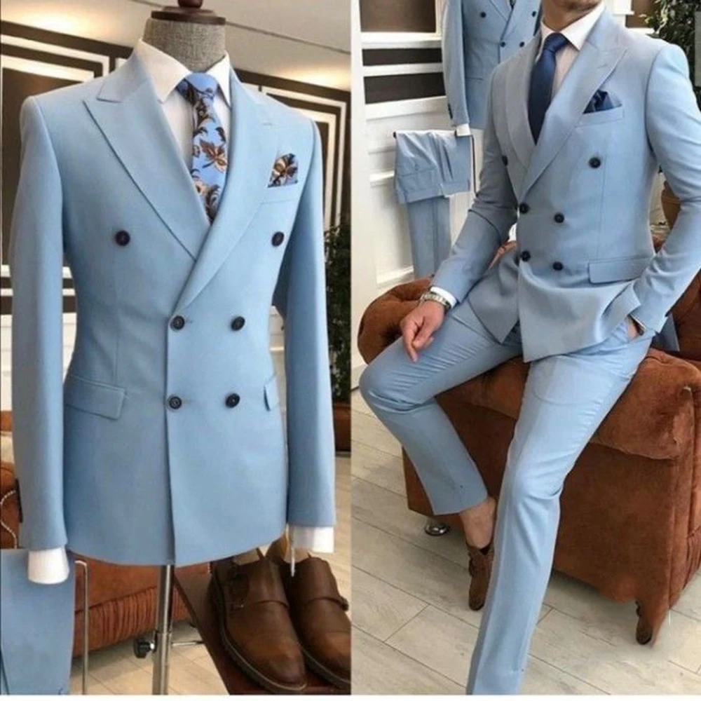 

Elegant Men's Suits Baby Blue 2 Pieces Jacket Pant Sets High Quality Double Breasted Peak Lapel Male Daily Wedding Clothing
