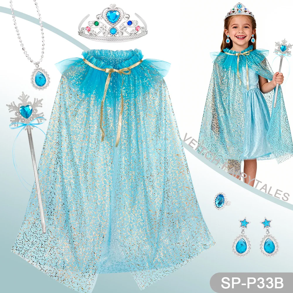 Zestaw Akcesoriów do Zabawy w Dom dla Dziewczynek: Peleryna Księżniczki, Naszyjnik/Korona/Kolczyki/Peleryna, Zestaw Rapunzel, Tiulowa Peleryna z Cekinami do Odgrywania Ról