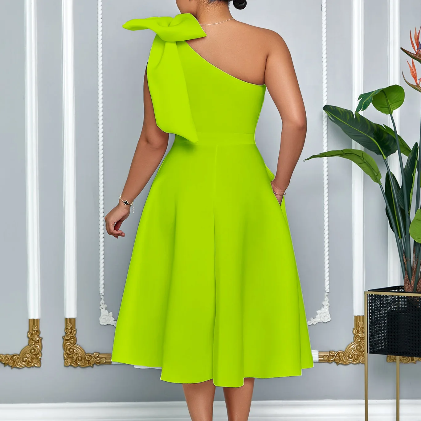 Moda feminina skew ombro arco banquete vestido de balanço, plus size, novo, 2024