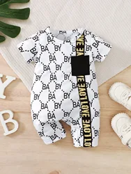 2024 New Baby Boy Trend Jumpsuit Letter Design Style Print Newborn Summer Loose Round Neck Short Sleeve Baby Onesie