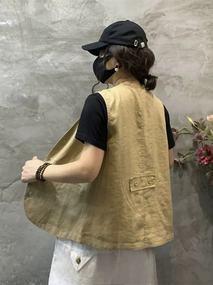 レディース スヴェル リネン ベスト サマー トップ ヴィンテージ アーティスティック オープン カーディガン アウター ジャケット レギュラー丈 通勤 スレ ピュアカラー