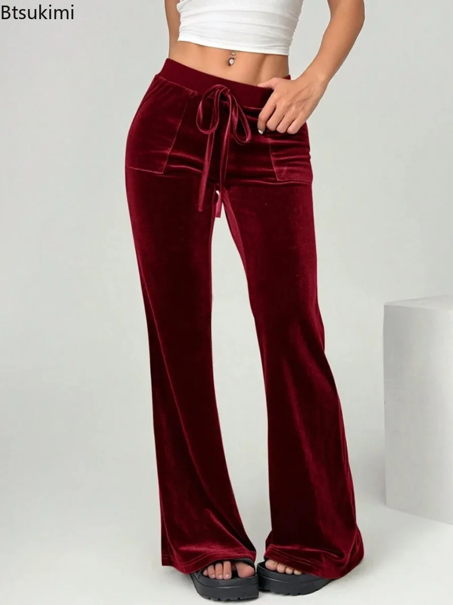 2026 Women's Velvet Trousers Fashion Velvet Solid Color High-Waisted Drawstring Pocket Flared Pant Autumn Winter Casual Pants
