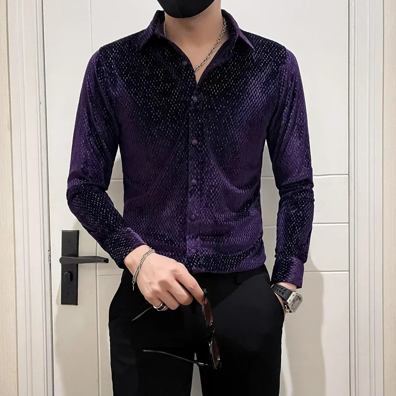 High-end Shiny Silver Wire Men Velvet Shirts Autumn Winter Luxury Korean Slim Men\'s Shirt Nightclub Prom Wear Elegant Tops Man