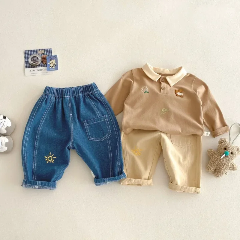 2025 Spring Kids Pants Cute Boys Open Wire Loose Jeans Girls Solid Color Cotton Casual Pants 0-5Y