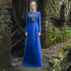 Classic Royal Blue Evening Dresses Arabic 2024 Prom Party Gowns Long Sleeves Beading Wedding Guest Dresses Modest Round Neck