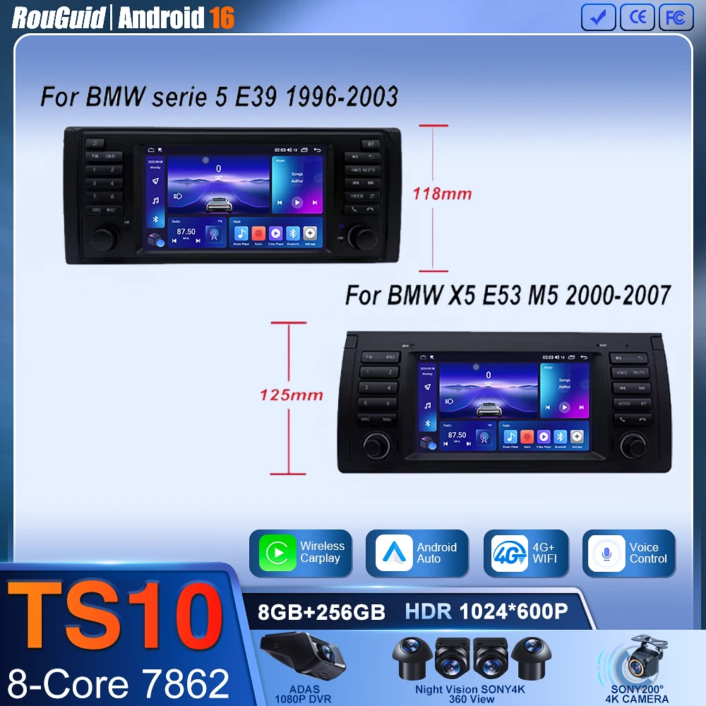 Radio Auto Android con CarPlay Inalámbrico de 7 Pulgadas para BMW Serie 5 E39 X5 E53 M5 1996-2003, Multimedia para Auto, GPS 2din, DVD, Autoradio 4G DSP