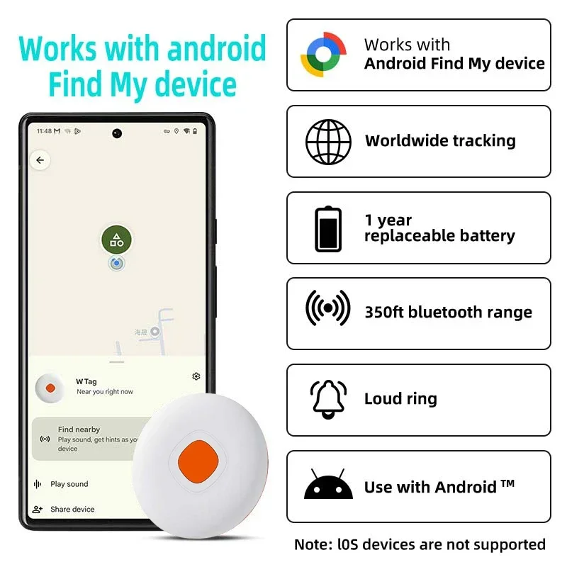Wireless Smart Finder Tag Easy Attach Design 100dB Ring Anti Lost Tracker Compatible with Google Find My Device
