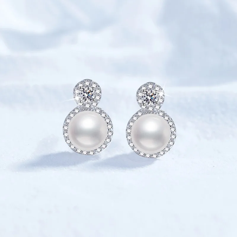 

S925 Sterling Silver Earrings 0.2ct Moissanite Round Halo Freshwater Pearl Dainty Studs Jewelry Gift for Women
