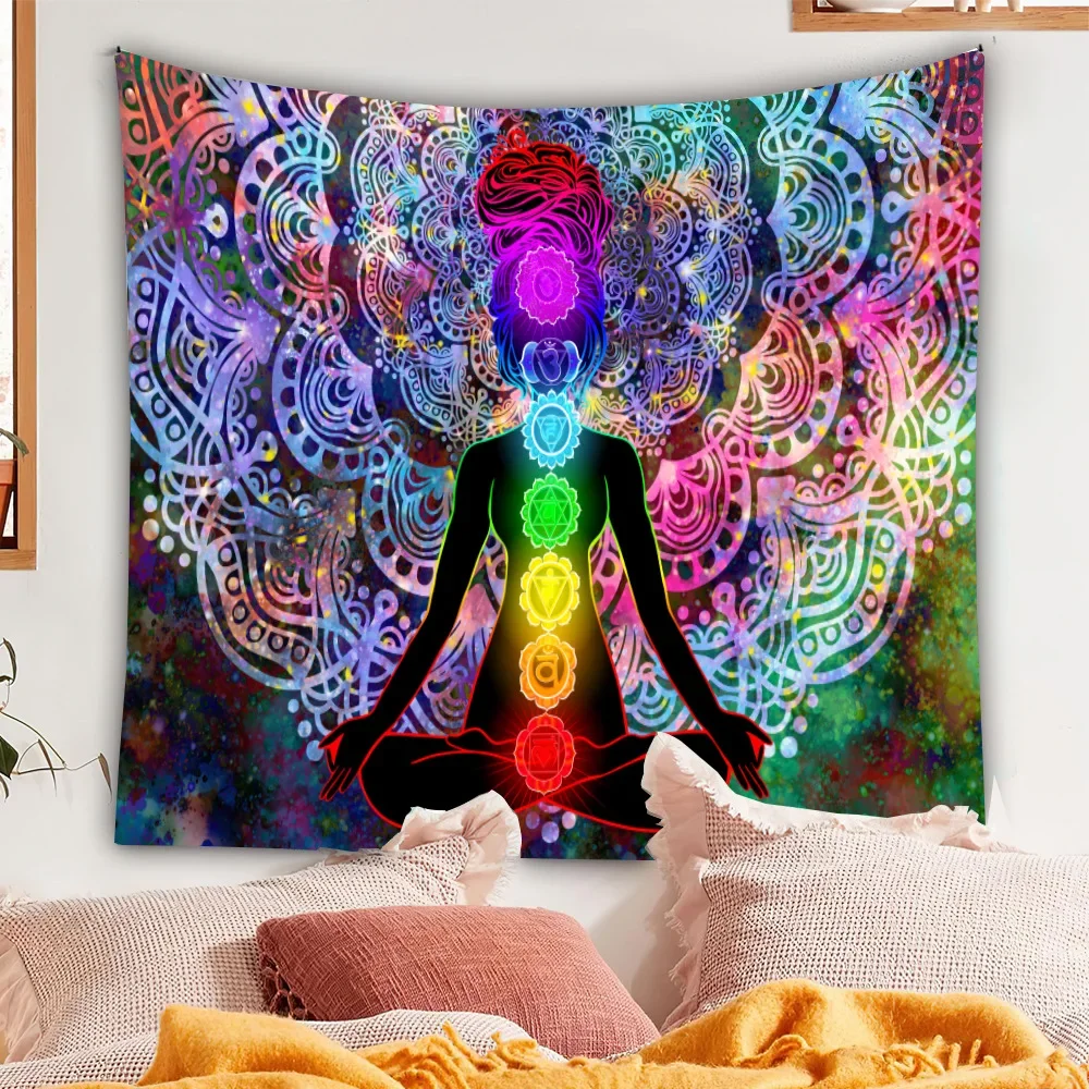 Indian Buddha Statue Meditation 7 Chakra Tapestry Wall Hanging Mandala Tapestries Wall Cloth Psychedelic Yoga Wall Hanging Tapiz