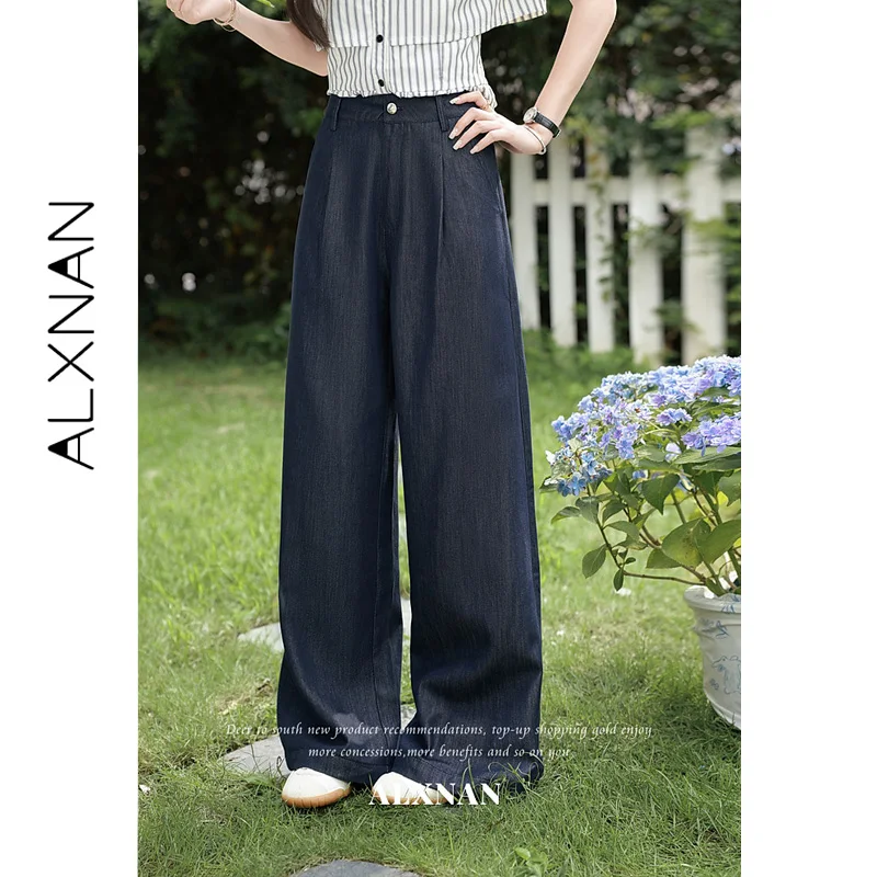 ALXNAN Dark Blue Women's Jeans Summer High Waist Slant Pockets Straight Draped Wide Leg Loose-fit Ladies Clothing Pants L67263