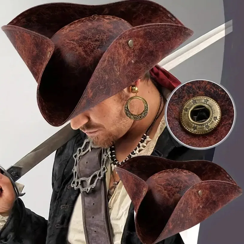 Brown Vintage Pirate Tricorn Hat for Men and Women Faux Leather Distressed Captain Halloween Cosplay Costume Party Prop