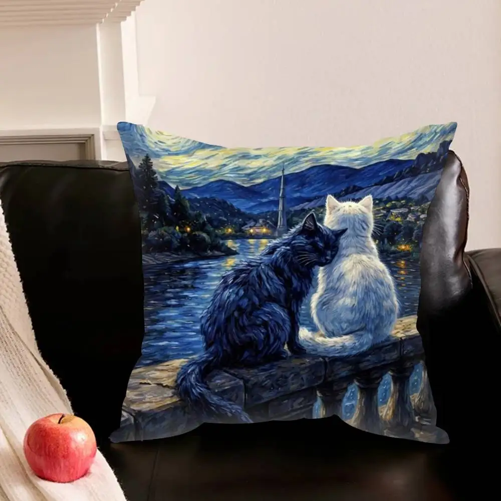 Cute Cat V-Van G-Gogh Starry Sky  Various Sizes Square Pillowcase For Car Home Bedchamber Decor
