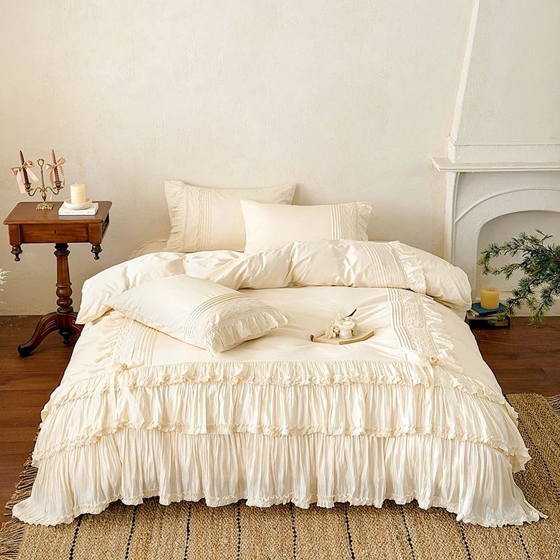 

100% Cotton Princess Wedding Bedding Set Vintage French Ruffle Lace Bow Duvet Cover Bed Skirt Pillowcases Queen King Size 4Pcs