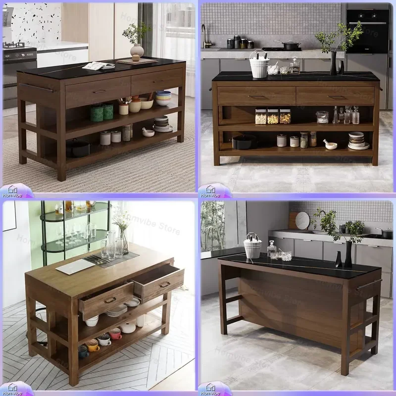 Kitchen Island with Storage Marble Top Solid Wood Dining Table Removable Cooking Station Open Bar Counter Side Cabinet for