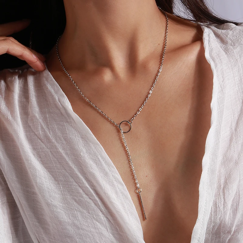 Aihua Minimalistische Halskette mit rundem Stab-Anhänger für Frauen, Schlüsselbein-Halskette, lange Kette, Modeschmuck, Statement-Geschenke für Mädchen – Detail 2