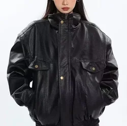 Chaqueta de cuero Vintage para mujer, abrigo de gran tamaño de estilo coreano para mujer, cazadora de PU para primavera, chaqueta de aviador holgada, abrigo de piel sintética Unisex