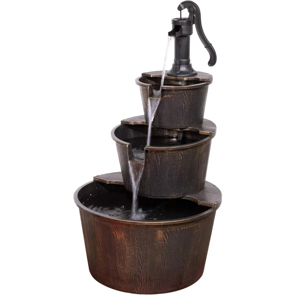 Outdoor Floor Tiered Rustic Pump and Barrel Water Fountain, Old-Fashioned Waterfall