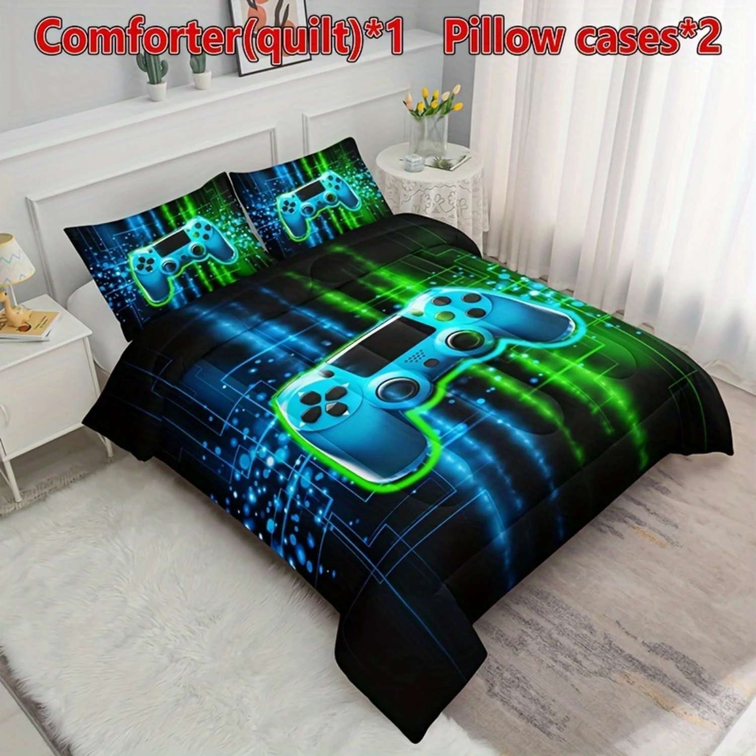 3-Piece Video Gamer Comforter Bedding Set - Soft 100% Polyester, Sanded Craftsmanship, Digital Printing, Machine Washable, Green