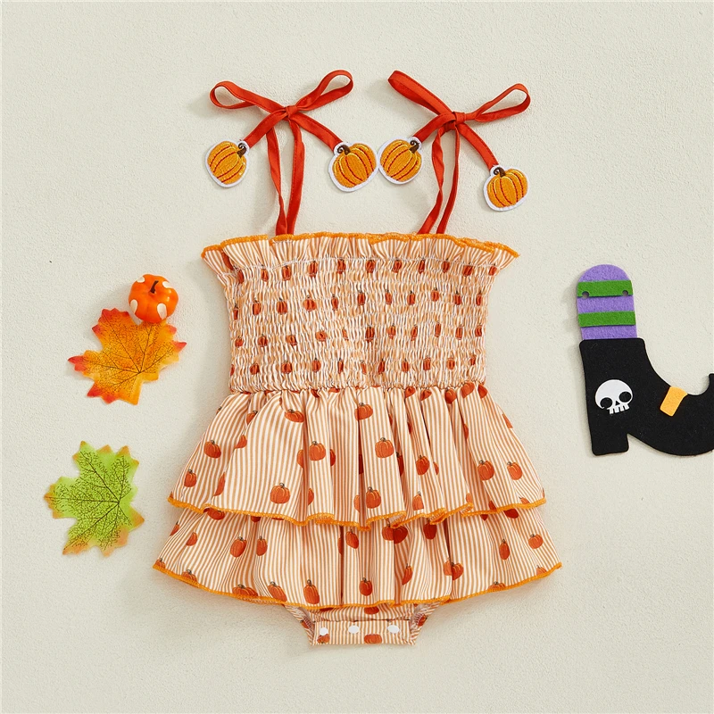 New Toddler Baby Girl Halloween Romper Dress Pumpkin/Bat Print Tie-up Strap Smocked Tiered Ruffled Jumpsuit Newborn Clothes