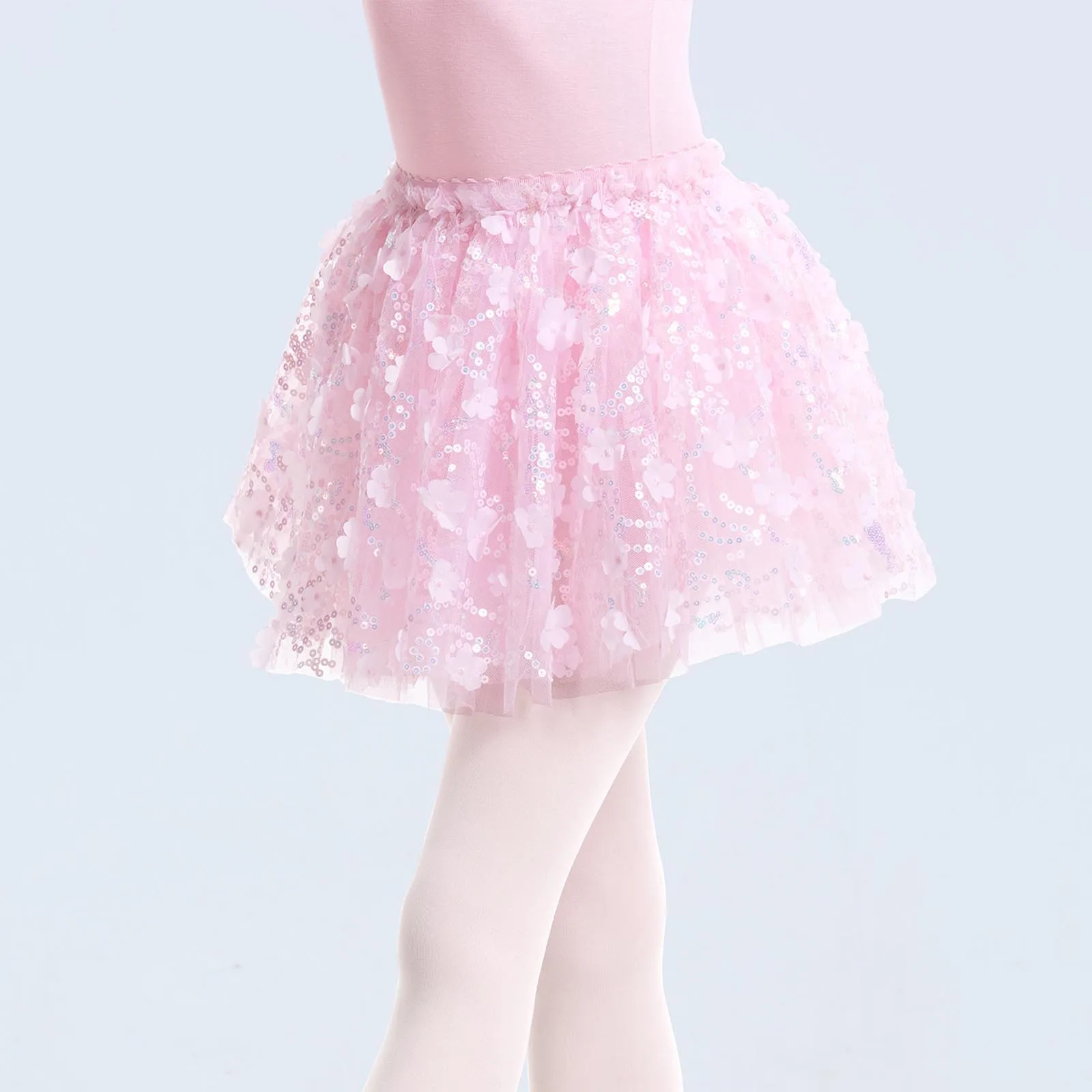 Kids Practice Tutu Ballet Dance Costume Elastic Waistband Sequin Tulle Skirt Performance Sparkling Skirts for Girl Dancewear