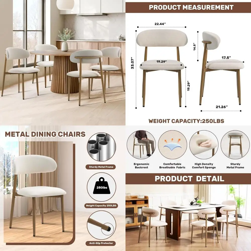 Dining Chairs Set of 4, Metal Kitchen Chairs with Modern Fabric Upholstered for Dining Room, Beige