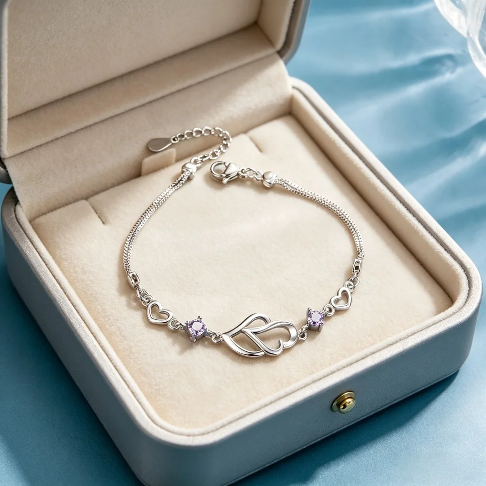 

925 Sterling Silver Heart Charm Bracelet, Purple Cubic Zirconia Double Snake Chain Bracelet, Love Jewelry Gift for Women