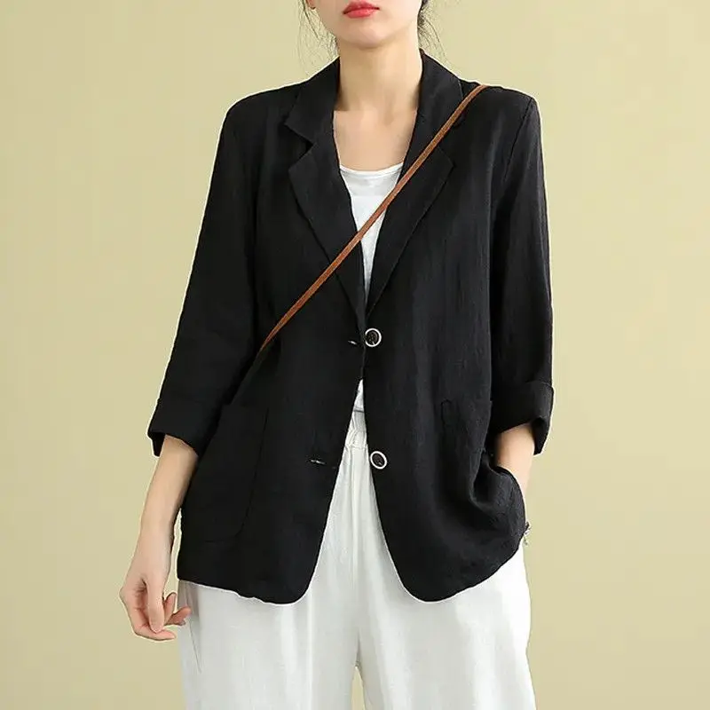 2023 Summer Comfortable Casual Loose Oversize Fashion Versatile Solid Color Long Sleeved Double Button Cotton Linen Suit Jacket