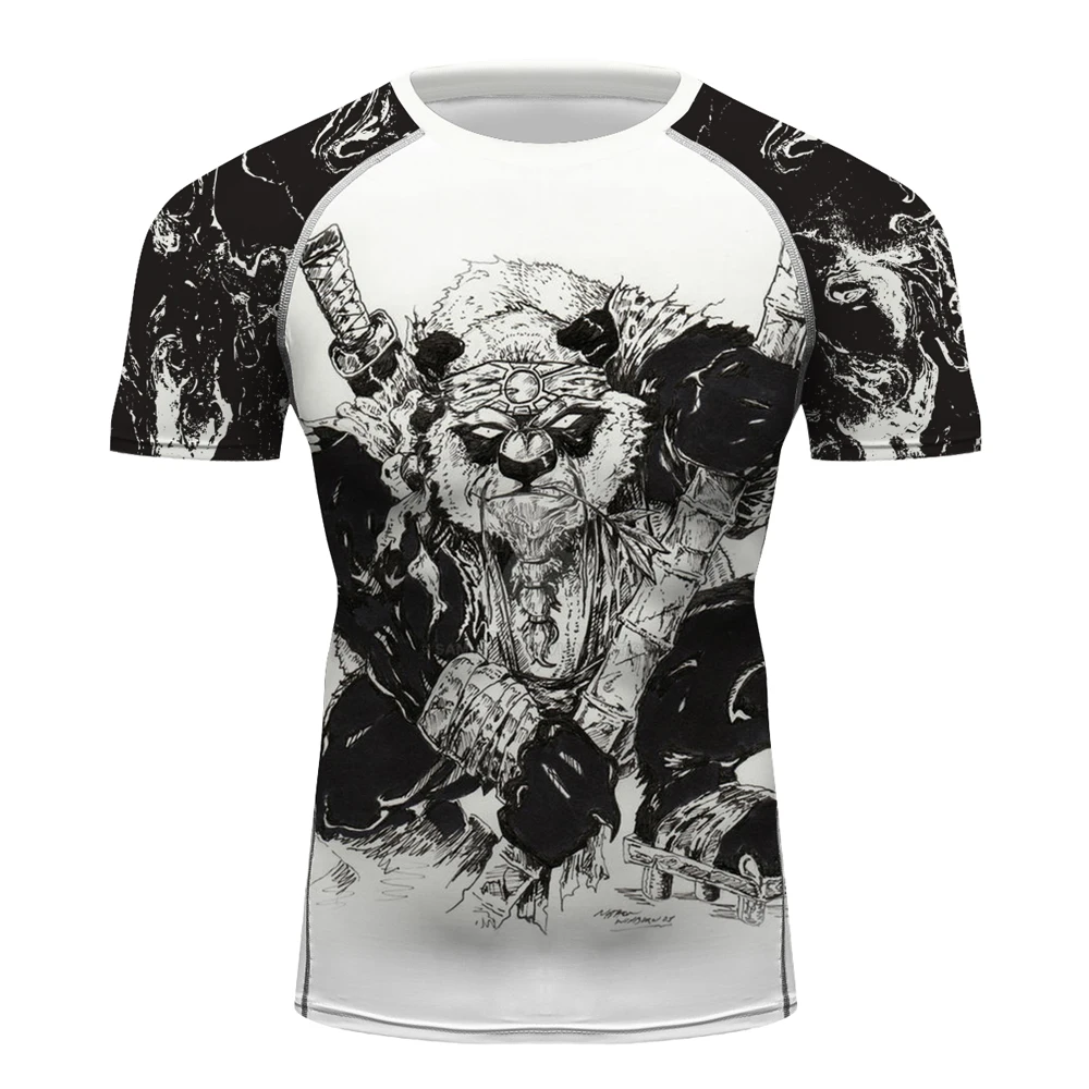 Mens Compression T-Shirts Samurai Panda Boxing Quick-Drying Short Sleeve Rash Guards Male Muay Thai Training Mma Clothing Tops