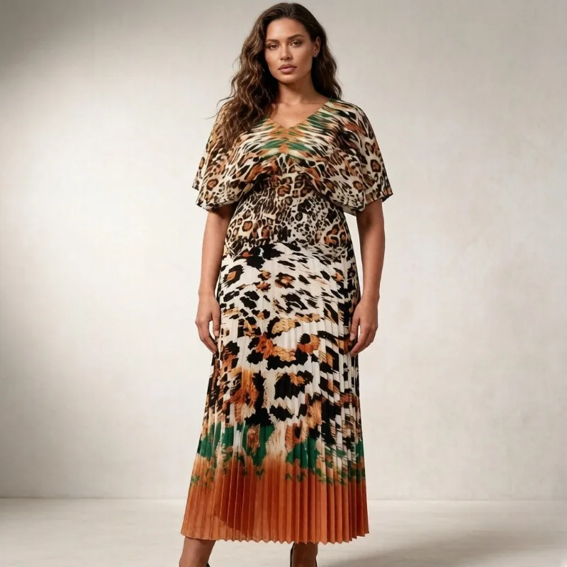 

Miyake Pleated Plus Size Set Plisse 2026 Spring/Summer New Pleats Leopard Print Loose Short Sleeve Top and Skirt Two-Piece Set