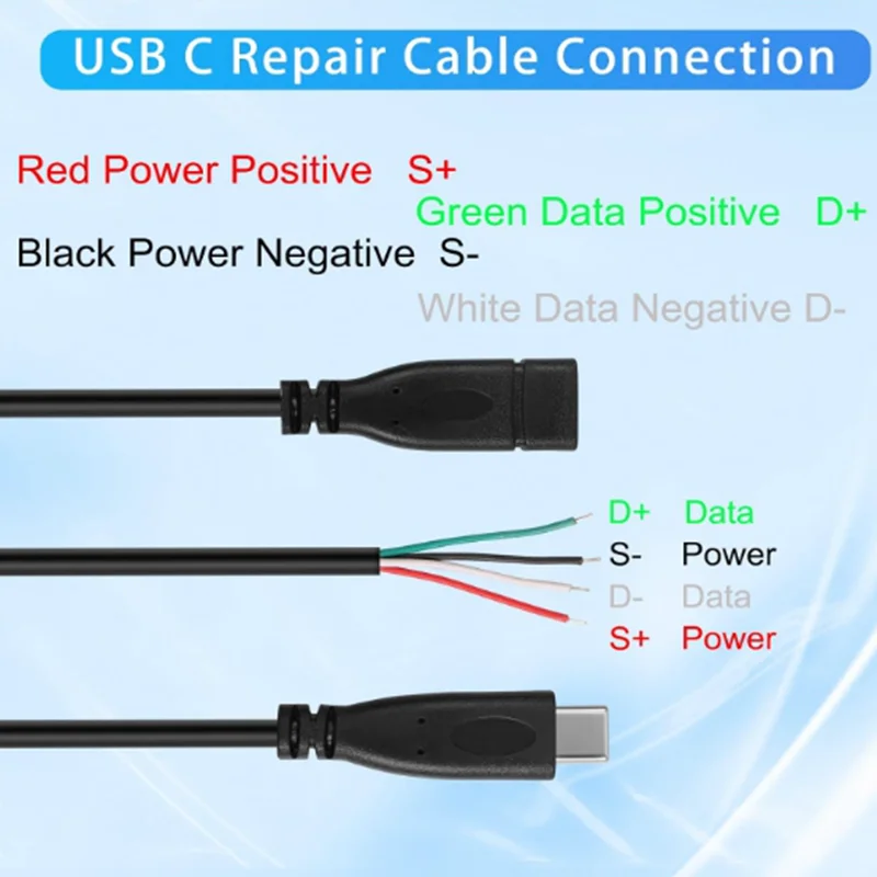 USB C Type C Male Female to 2-Pin 4-Pin Bare Wire Power Cable , 5V/3A, 22AWG , for DIY Repair and Replacement of USB-C Devices