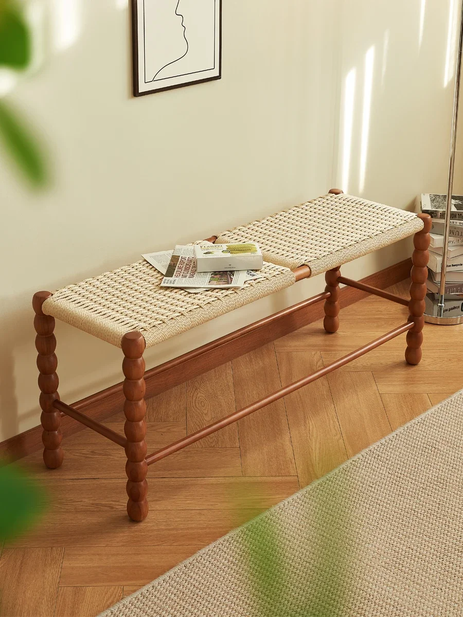 

Shoe changing stool at the door Solid wood rope braided bedroom long tail stool simple and modern small apartment