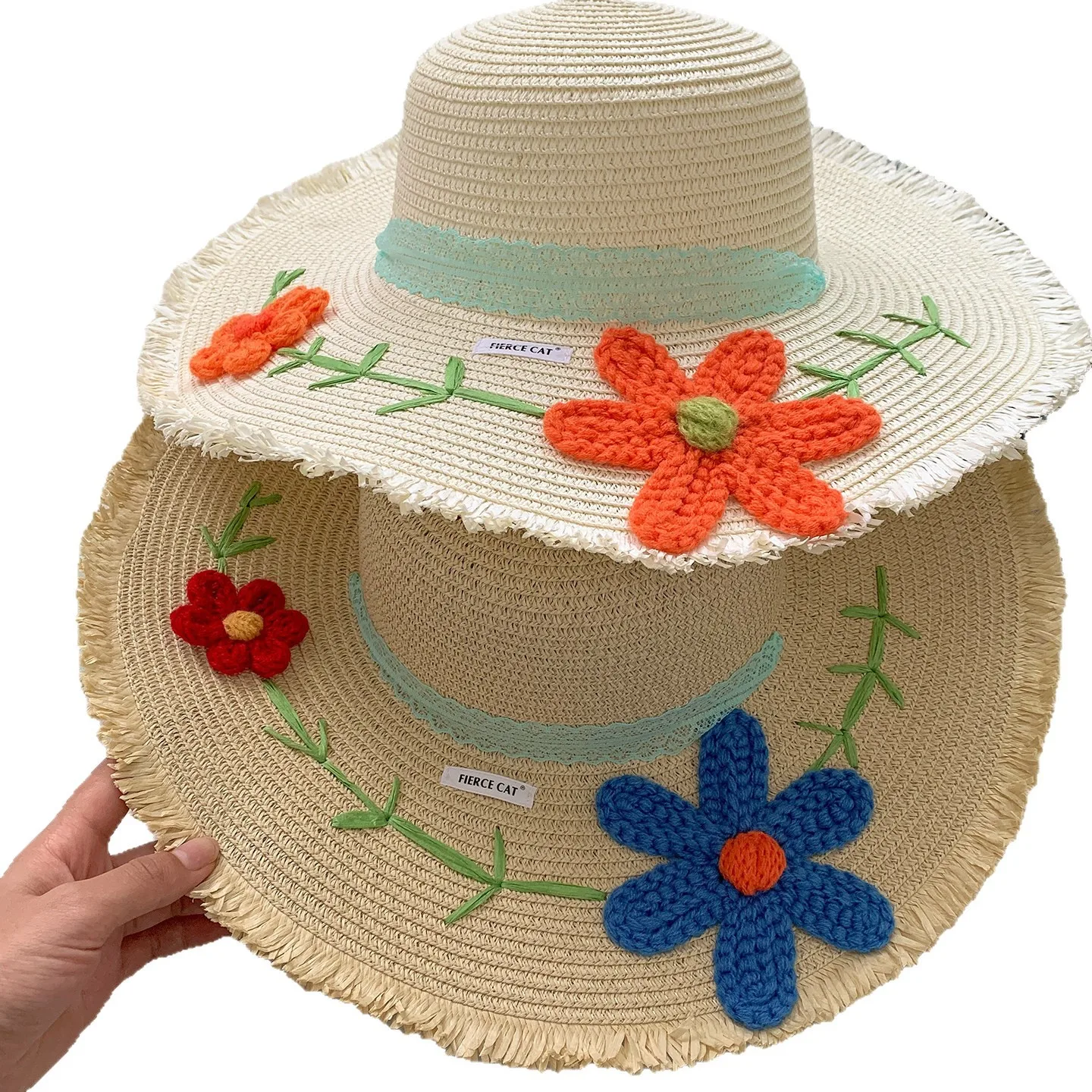 

Women's Summer Sweet Crochet Floral Raffia Straw Hat,Ribbon Tie Wide Brim Beach Cap,UV Protection SunHat,Pastoral Style Vacation