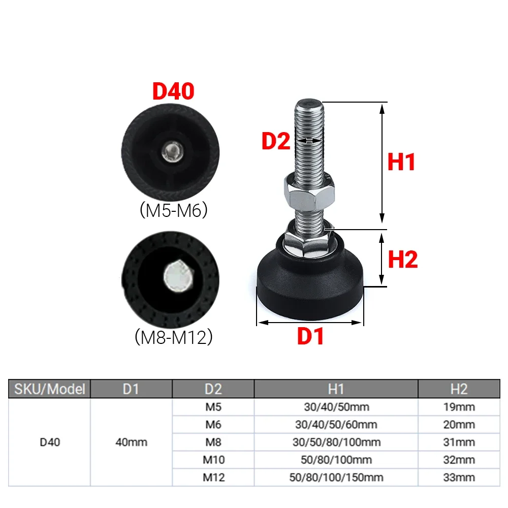 8Pcs Adjustable Lathe Leg Dia 40mm Thread Type SS304 Stainless Steel Foot Pad Levelling Feet Swivel Base Articulating Legs M5 M6